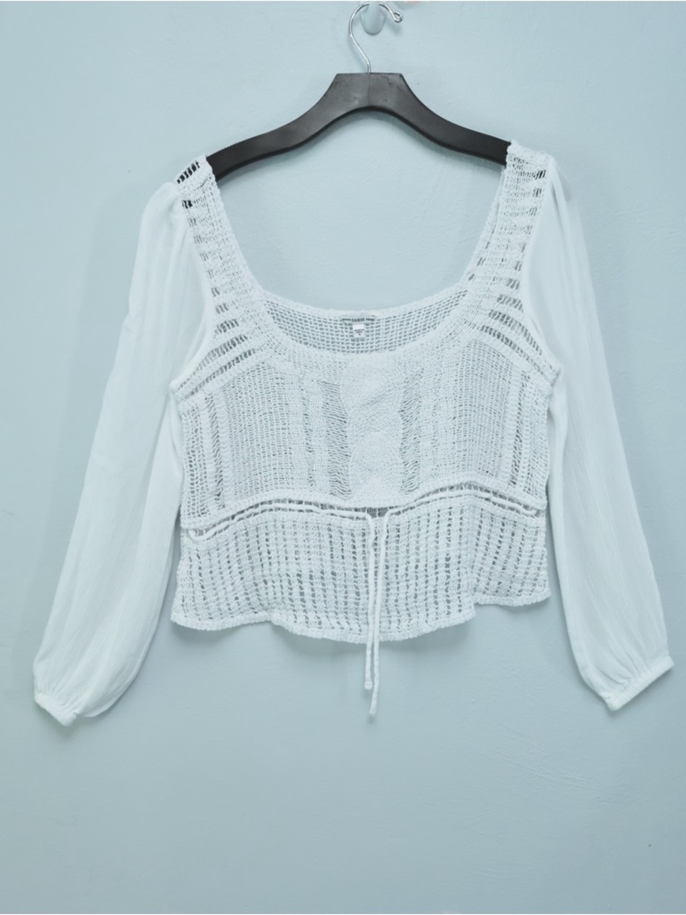 Guess White Crochet Knit Peasant Top with Sheer Sleeves